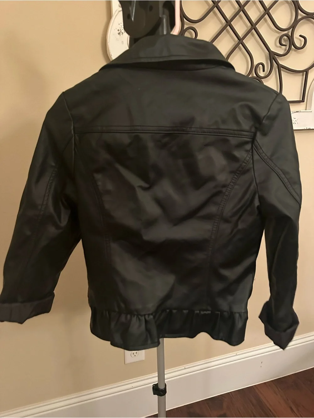 SO Black Faux Leather Moto Jacket with Ruffle Hem